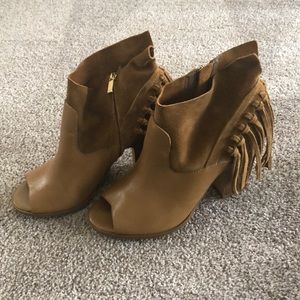 Marc Fisher leather suede fringe peep toe booties